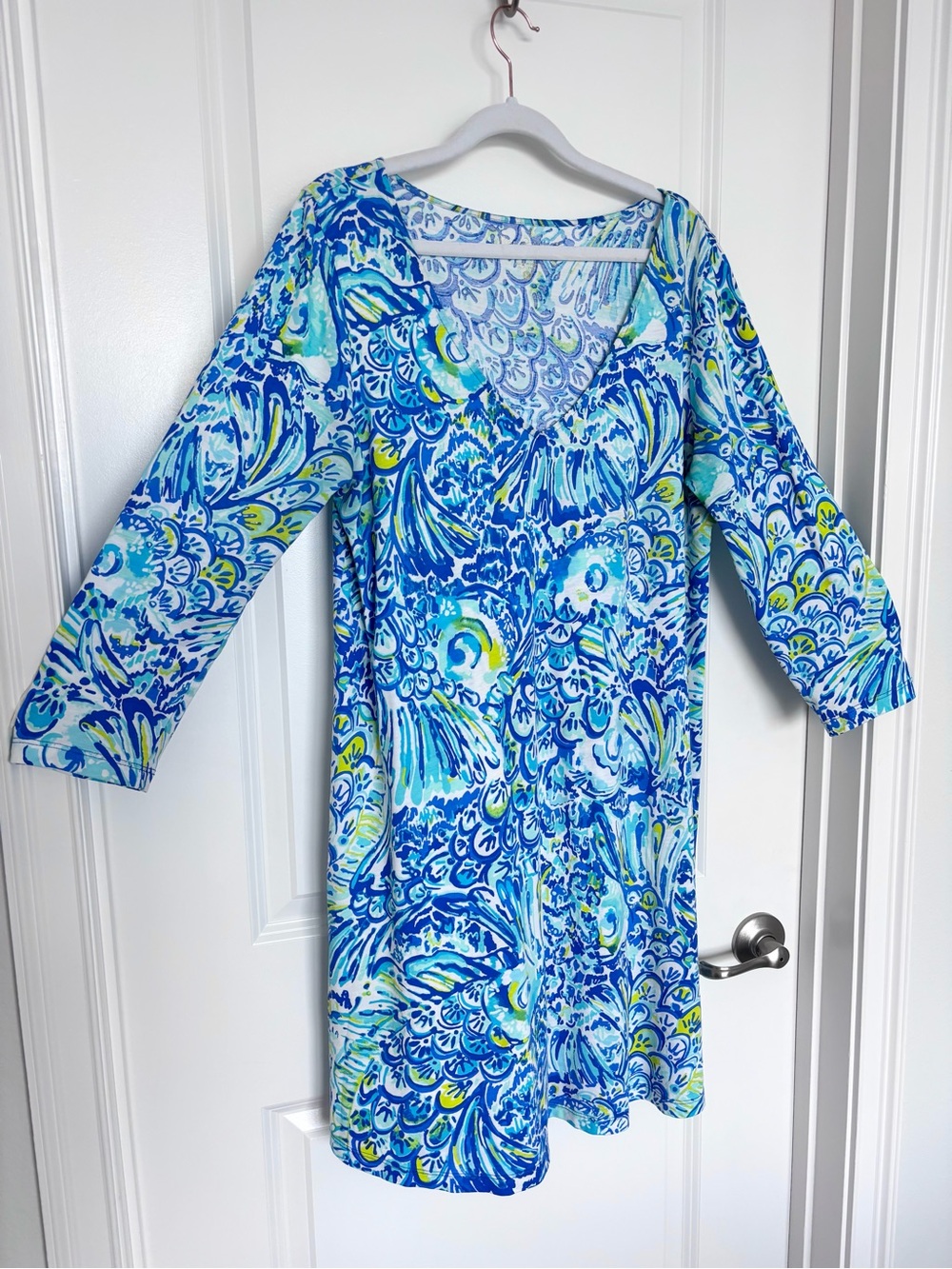 Lilly Pulitzer Blue Crush After Party Lima Cotton Erin Dress 3/4 Sleeve Large